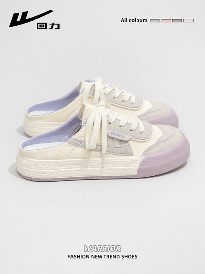 Pull back slip-on canvas shoes for women 2024 spring new versatile lazy toe half slippers breathable casual sneakers