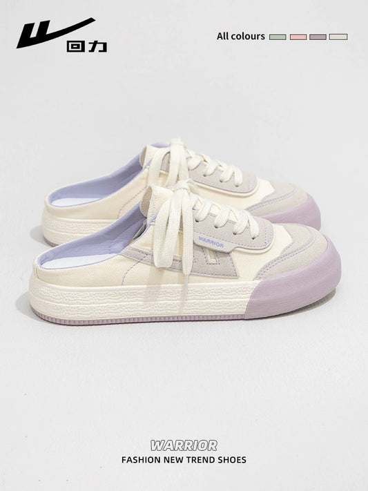 Pull back slip-on canvas shoes for women 2024 spring new versatile lazy toe half slippers breathable casual sneakers