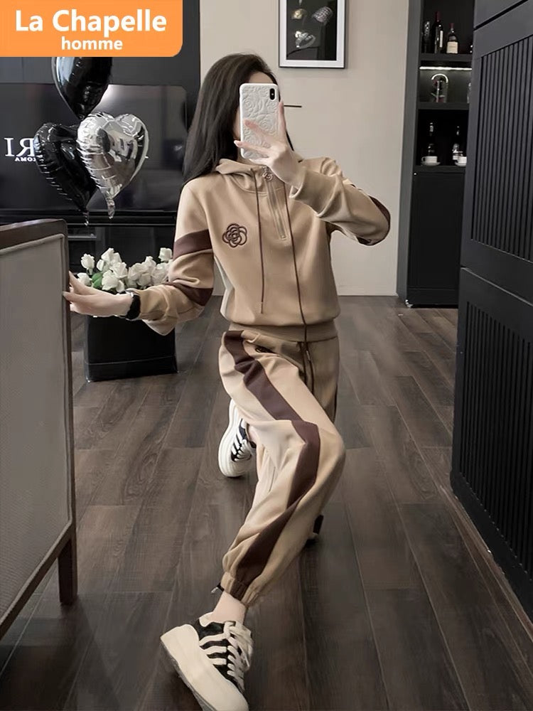 La Chapelle casual sports suit women's autumn and winter 2023 new rope hooded plus velvet sweatshirt and leggings pants two-piece set