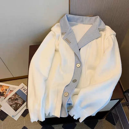 Sweet and high-quality false two-piece suit collar splicing sweater for men and women winter French loose lazy style knitted jacket