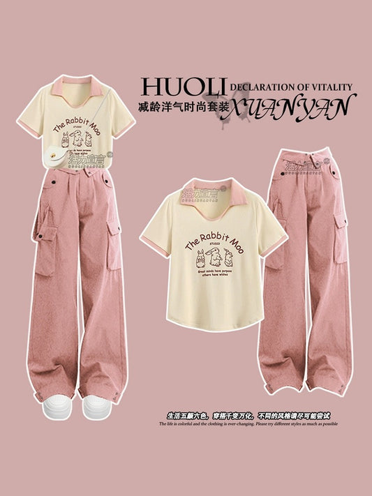 Dopamine wear college style casual suit women's summer 2024 new short-sleeved small overalls two-piece suit