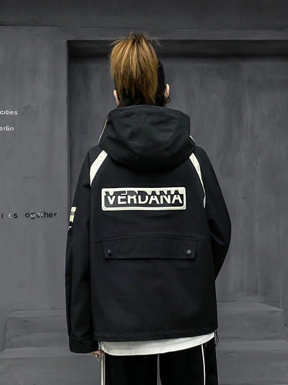 M's trendy brand fashion hooded workwear jacket for women spring new mountaineering suit loose black windproof jacket