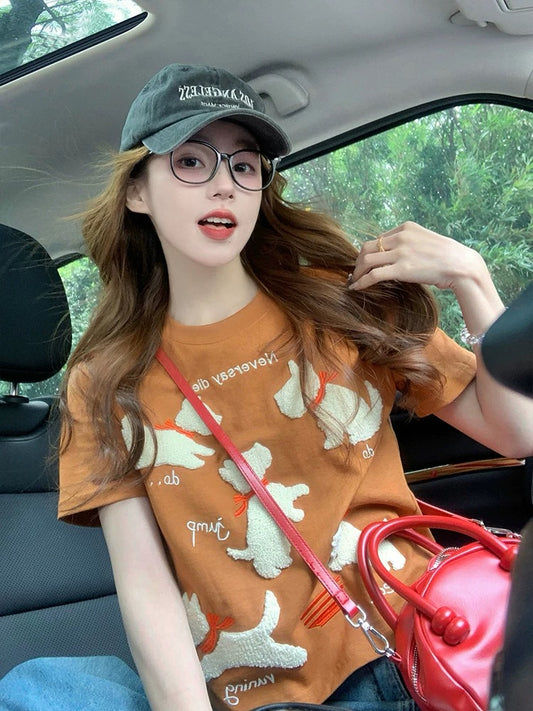 American style puppy straight shoulder short-sleeved T-shirt for women 2025 new summer trendy brand retro design niche short top