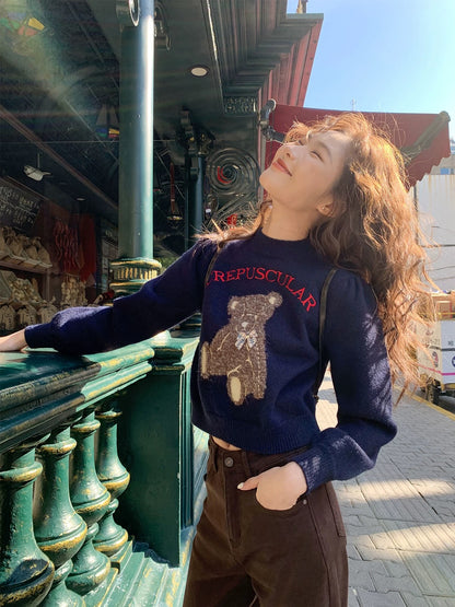 Hello Canon Teddy Bear Embroidery Puff Sleeve Sweater Women's Autumn and Winter New Loose Slim Short Knit Top