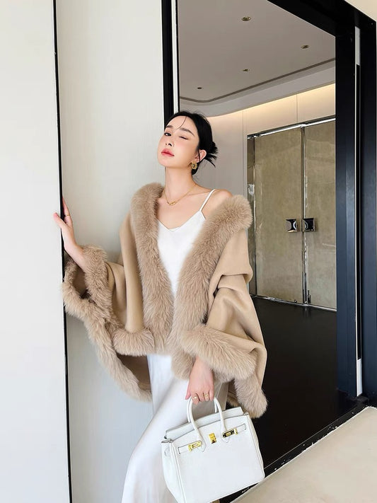 Mid-length women's pure wool double-sided woolen fox fur collar fur republican style cape cheongsam shawl coat