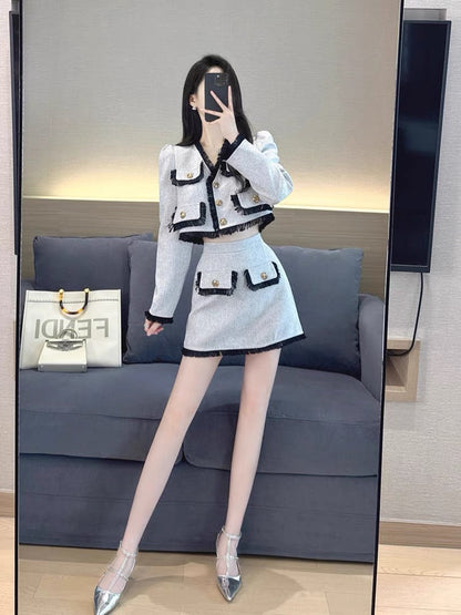 Xiaoxiangfeng Suit 2023 Autumn New High-end Small French Style Socialite A-Line Skirt Two-piece Set for Women (S4449)