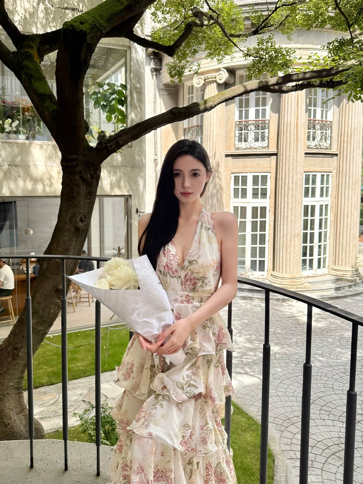 For Fay – French halter chiffon maxi dress with romantic rose garden print.