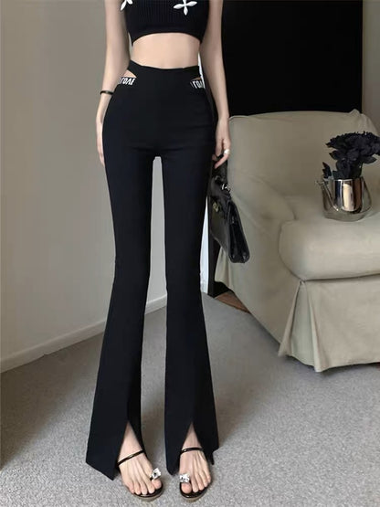 Hollow design high-waisted casual pants for women 2023 new autumn slim-fitting slit micro-flared floor-length trousers (B3913)
