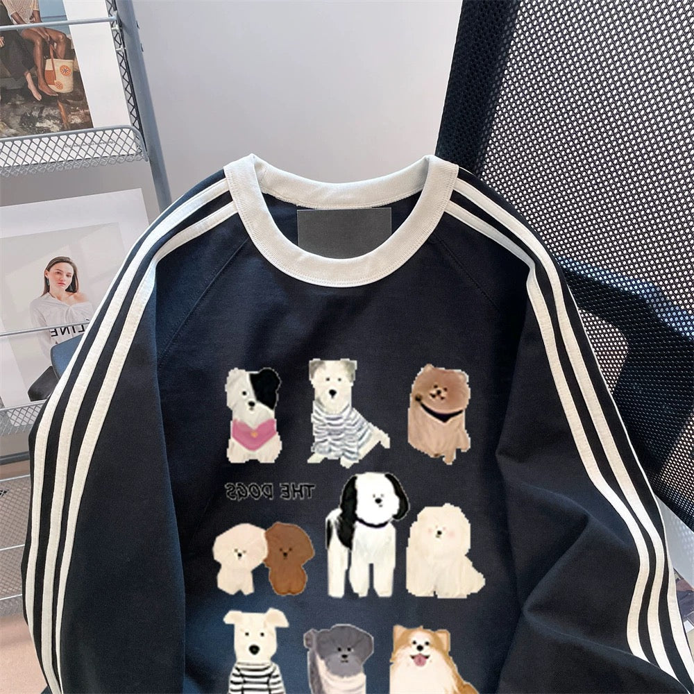 American style super cute dog contrast striped sweatshirt men and women autumn and winter loose lazy style niche couple tops