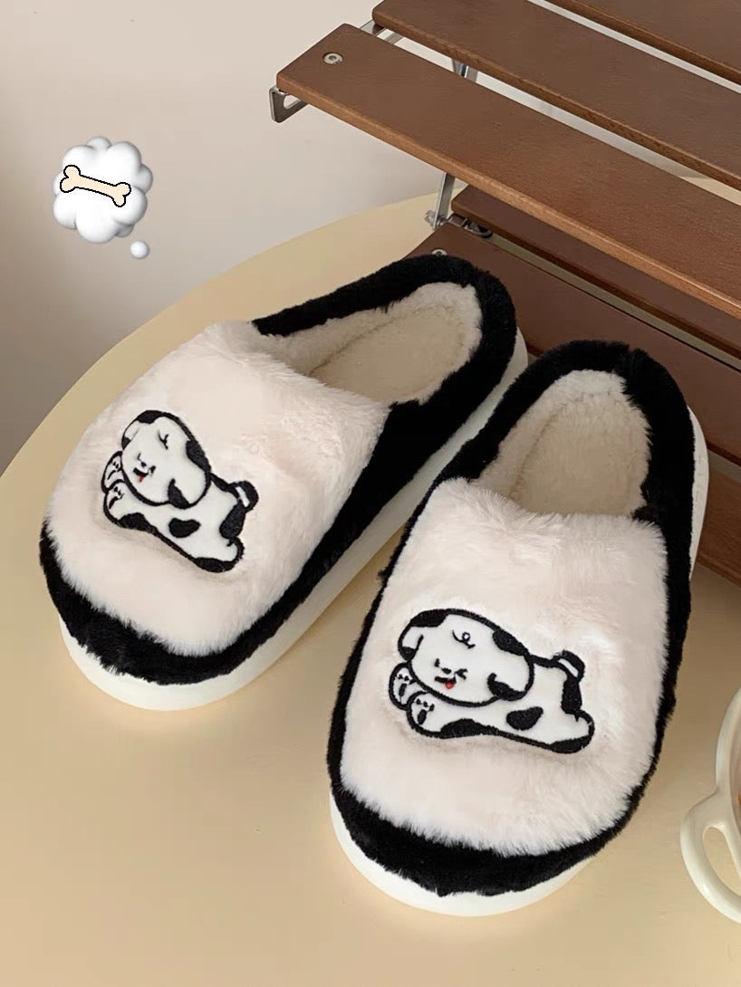 Thin strips Couple's cute black and white ins puppy cotton slippers for men and women in autumn and winter with heel and warm home confinement shoes