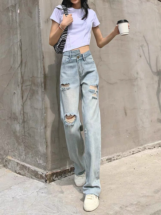 Ripped jeans women's straight wide leg pants 2023 autumn new style buttoned splicing high and low waist design floor mopping pants (P140)