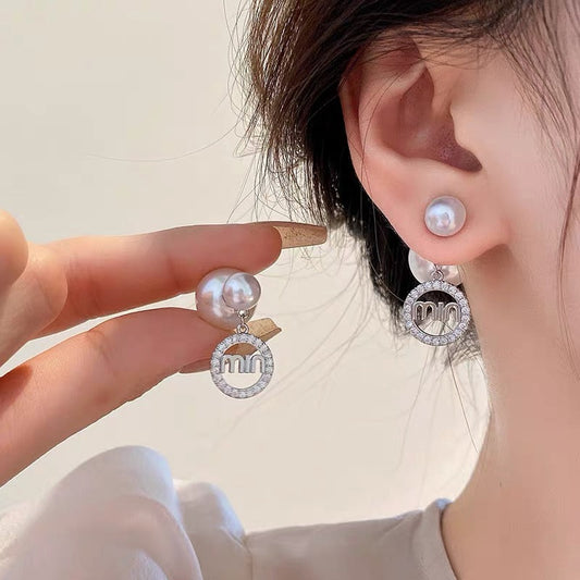 Silver Zircon Alphabet Pearl A Two-Wear Earrings Fashion Personality Ear Studs Niche Temperament Versatile Earrings
