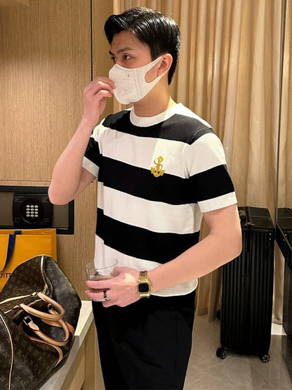 Fashion custom anchor embroidered short sleeves 2024 new summer new black and white striped sailor shirt slim fit t-shirt men