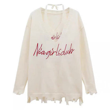 American hot girl white suit for women autumn and winter 2023 new letter halter vest raw edge v-neck sweater two-piece set A2234