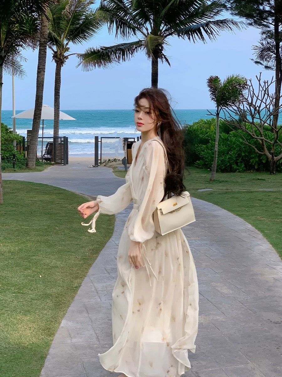 ByYou spring new high-end tea break ribbon v-neck yellow floral dress with waist and puff sleeves long skirt