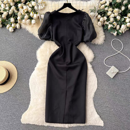 French high-end heavy industry nail diamond feather tassel round neck dress women's slim and elegant puff sleeve dress long dress (D0982)