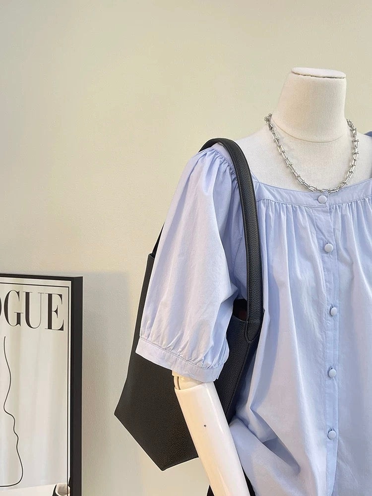 The last wave of new styles in summer~ French square collar tops, small shirts, pure cotton buttons, loose solid color short-sleeved shirts for women in summer