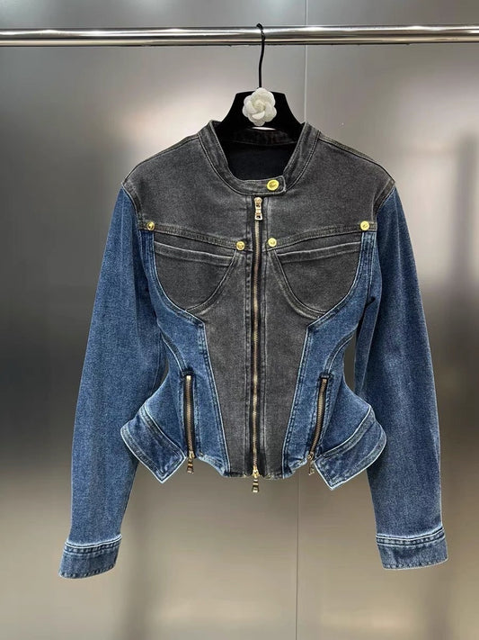 Yuzu MM2023 autumn round neck long-sleeved pocket splicing multi-zipper waist ruffled denim jacket with color contrast