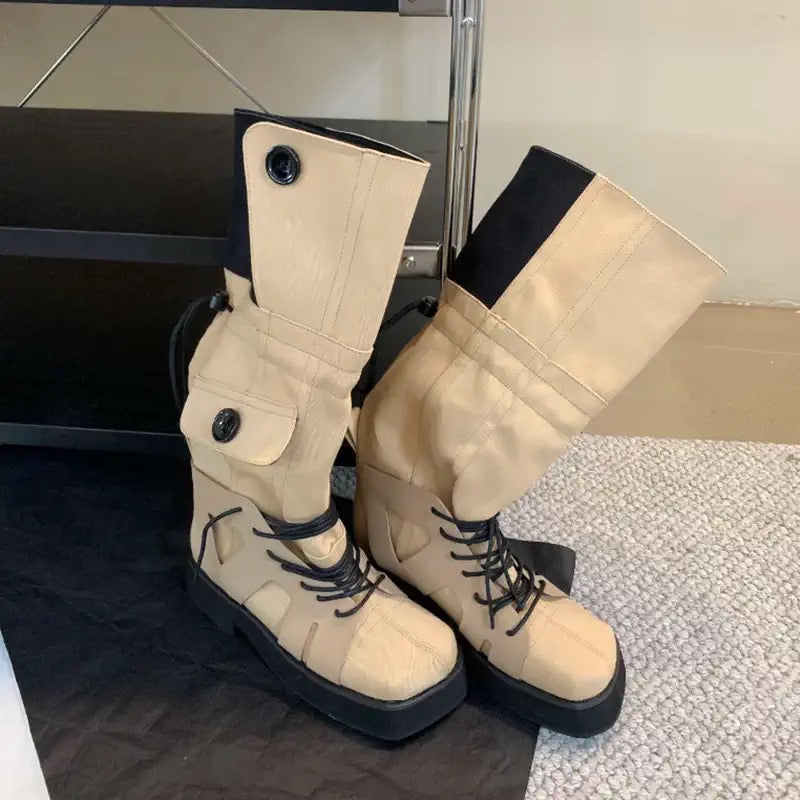 Taikula~ Retro khaki thick-soled tooling western cowboy boots outdoor mountaineering lace-up boots female knight boots