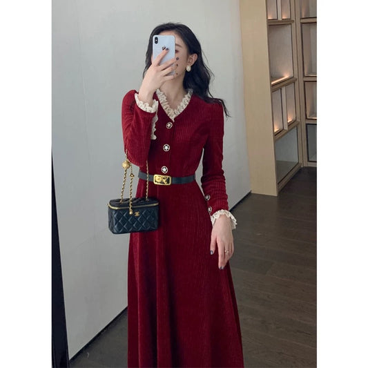 Xiaoxiangfeng New Year red velvet dress women's autumn and winter French natal mini dress long skirt engagement toast dress