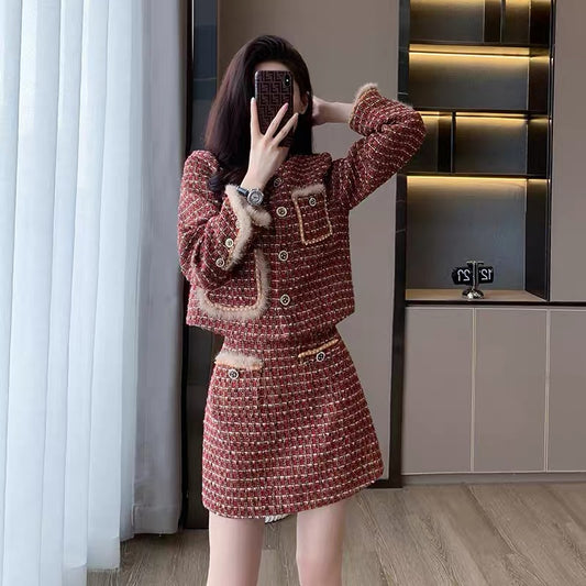 2023 new women's fashion suit, small fragrance, light luxury, high-end, foreign style, age-reducing skirt, two-piece autumn set