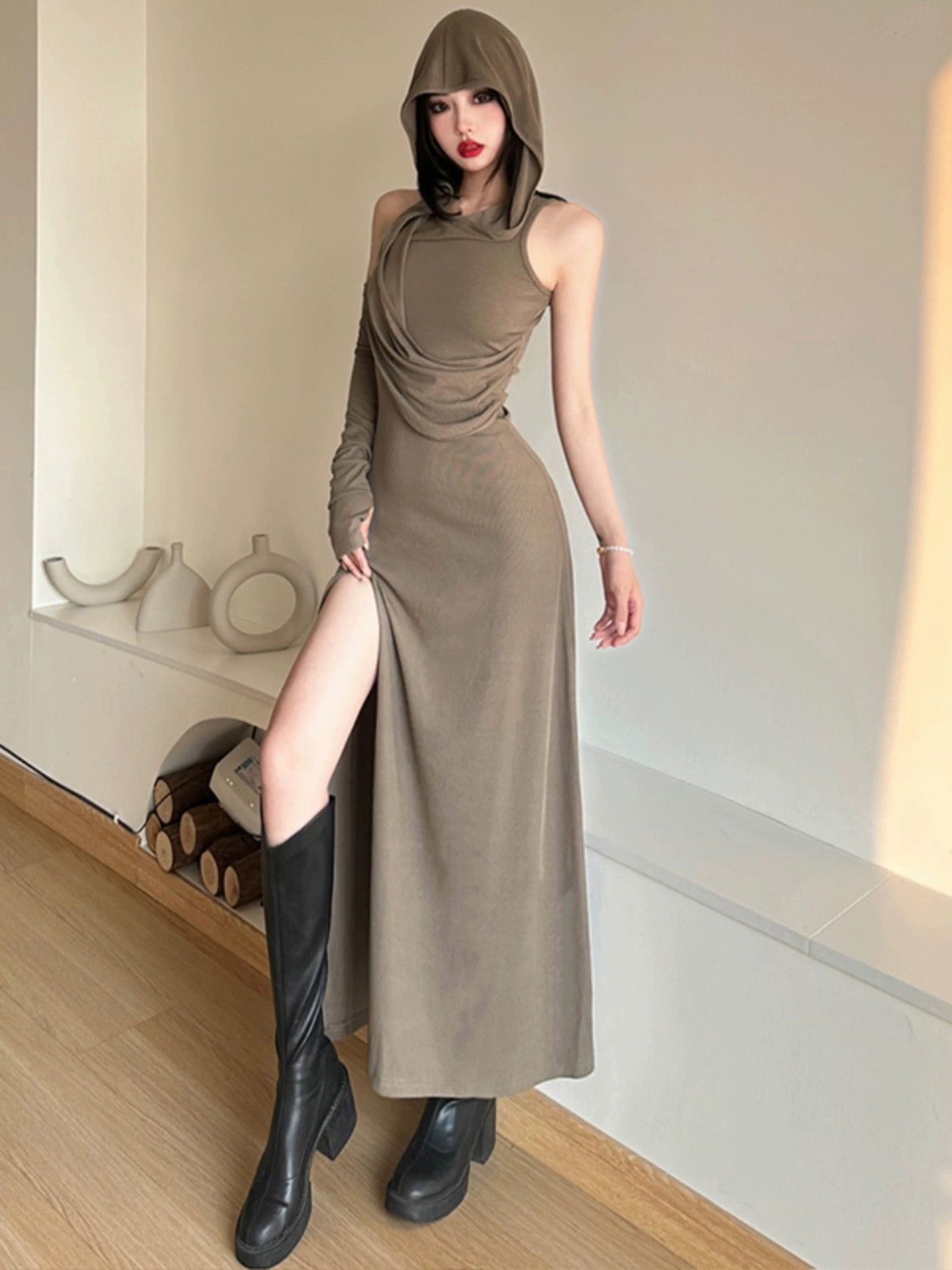 KLIOU Dune Wasteland style retro solid color hooded dress with sleeves and slits slimming hip-hugging mid-length skirt for women