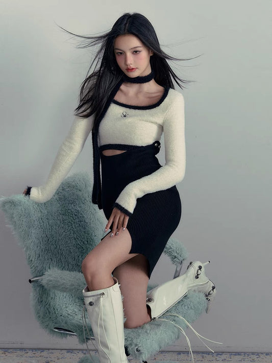 AGAM original design detachable black and white contrasting hollow knitted dress