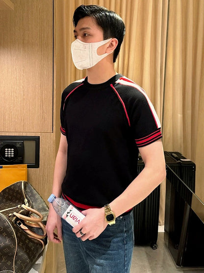 Yomobrother summer fashion t-shirt men's 2024 new casual personality contrast color knitted short-sleeved men