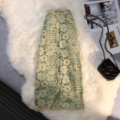 Avocado Green Lace Skirt Women's Summer Back Slit One-step Skirt Covering Hips Mid-Length High Waist Slimming A-Line Long Skirt