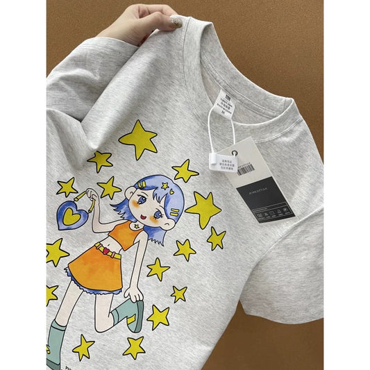 American style ins three bears printed cotton short-sleeved T-shirt men and women summer heavyweight all-match loose couple tops