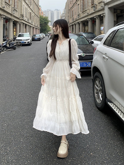 Platycodon French white long-sleeved dress for women spring 2024 new high-end waist slimming long dress