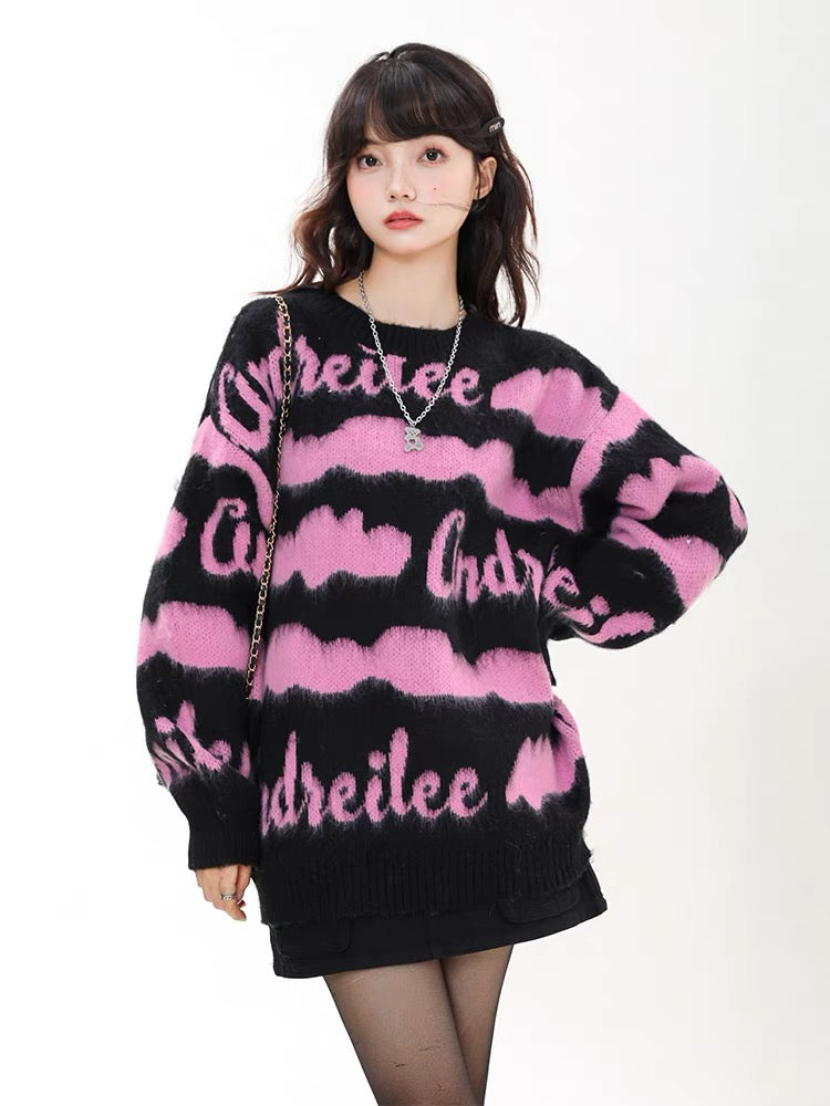 Big sim small sim American striped sweater soft waxy sweater autumn and winter women's lazy style loose pullover top jacket V1164