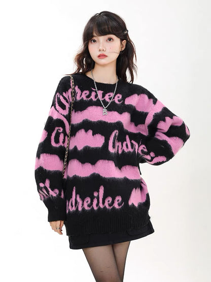 Big sim small sim American striped sweater soft waxy sweater autumn and winter women's lazy style loose pullover top jacket V1164