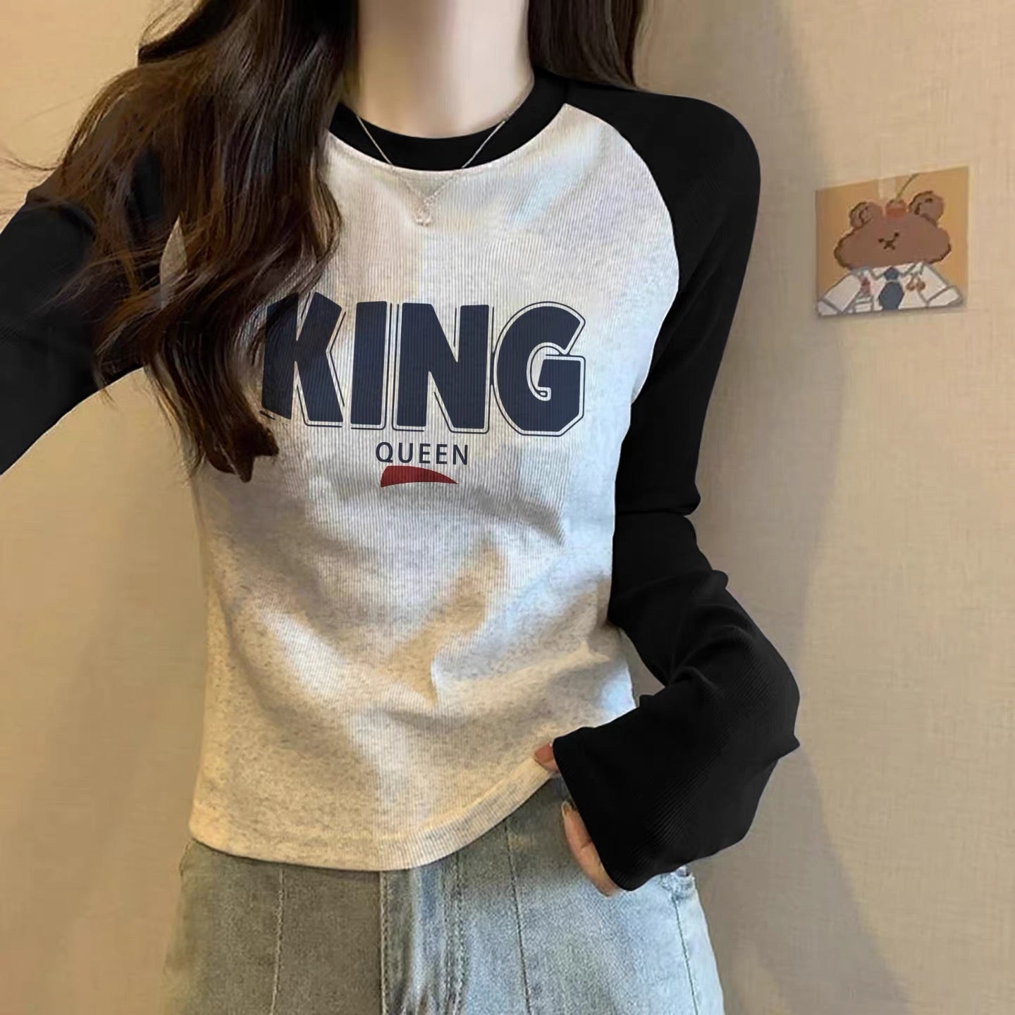Contrast color pure cotton inner wear design sense splicing long-sleeved T-shirt female 2025 autumn and winter new European goods loose slim top M