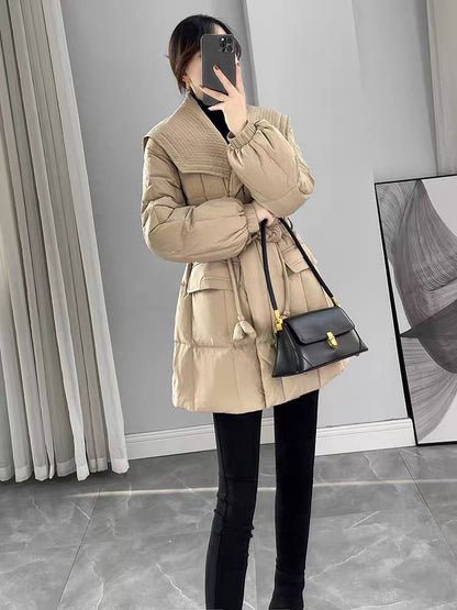 Khaki design fashionable down jacket for women winter 2023 new waist slimming mid-length white duck down jacket