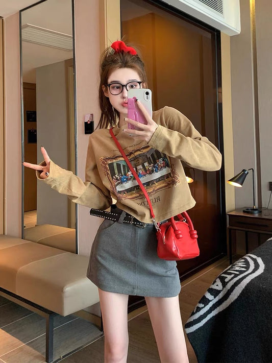 Maillard wears right shoulder long-sleeved T-shirt for women 2023 new early autumn American retro short bottoming shirt top ins (B6917)