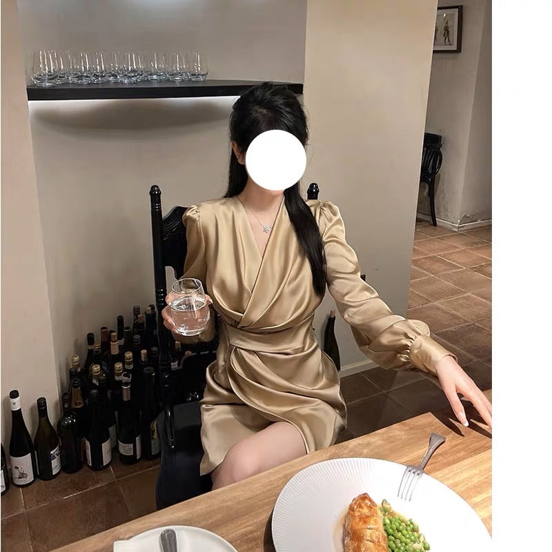 High-end French V-neck long-sleeved satin dress, spring and summer high-end ladylike temperament banquet party dress for women (V8815)