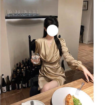 High-end French V-neck long-sleeved satin dress, spring and summer high-end ladylike temperament banquet party dress for women (V8815)