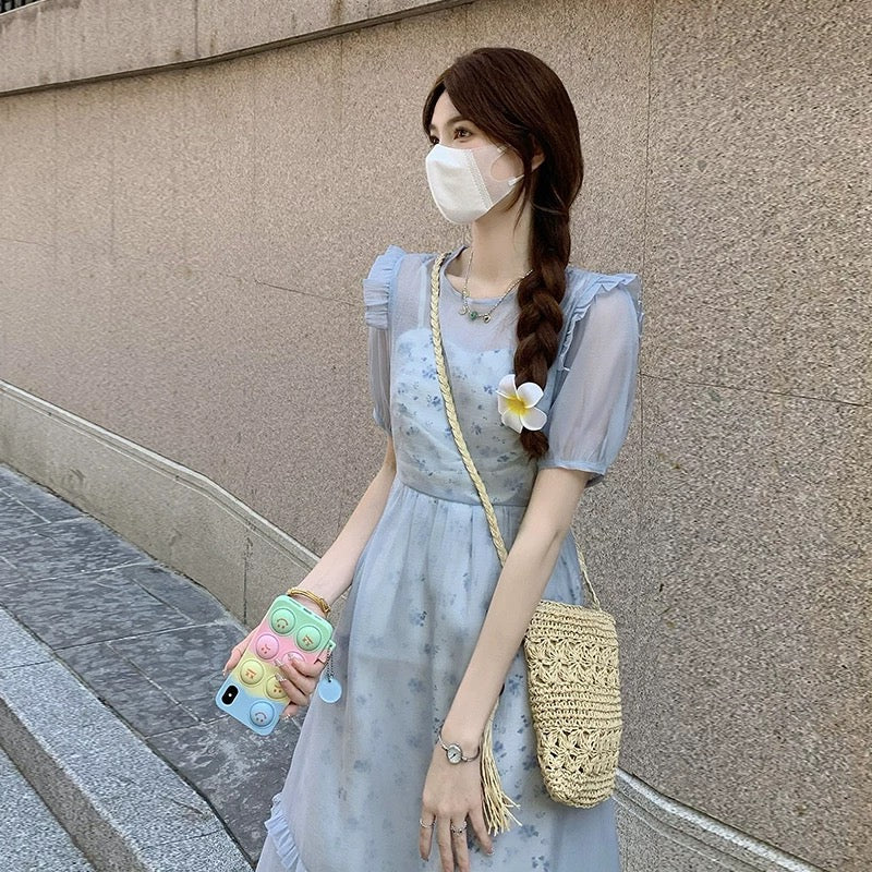 Summer Platycodon First Love Floral Niche Art Dress Gentle Date Wear Matching Nipple Long Skirt Two-piece Suit
