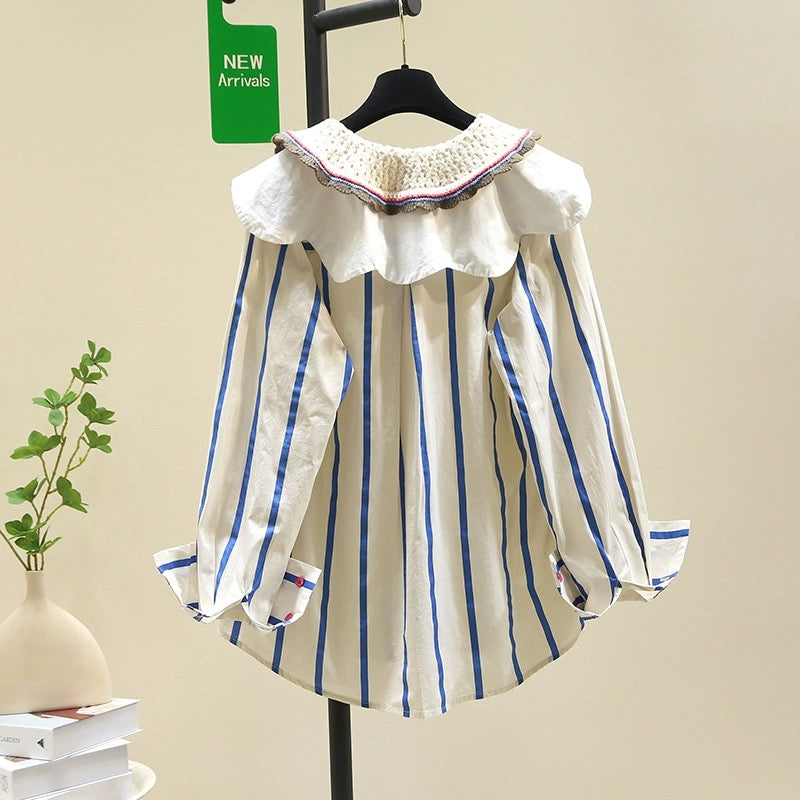 Knitted splicing double-layer doll collar striped shirt women 2024 spring new loose slim shirt age-reducing top
