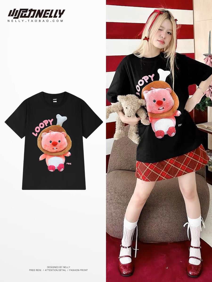 Korean soft and cute cartoon cute printed short-sleeved T-shirt for men and women pure cotton casual 2024 new loose round neck top