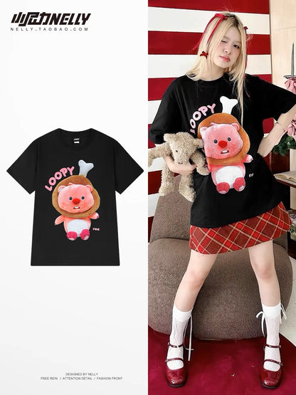 Korean soft and cute cartoon cute printed short-sleeved T-shirt for men and women pure cotton casual 2024 new loose round neck top