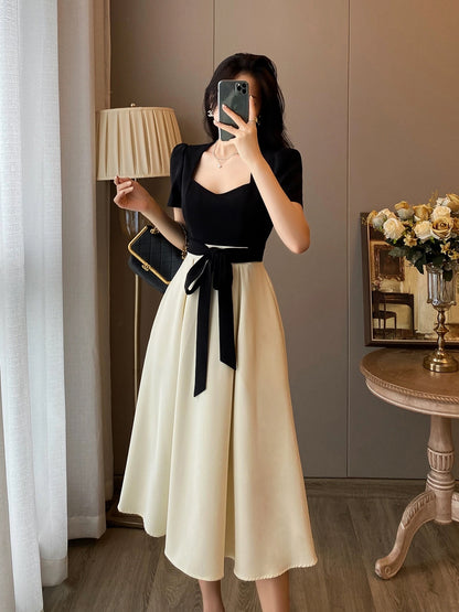 French style small fragrance square collar dress women 2023 summer new Hepburn style high-quality temperament high waist slimming dress