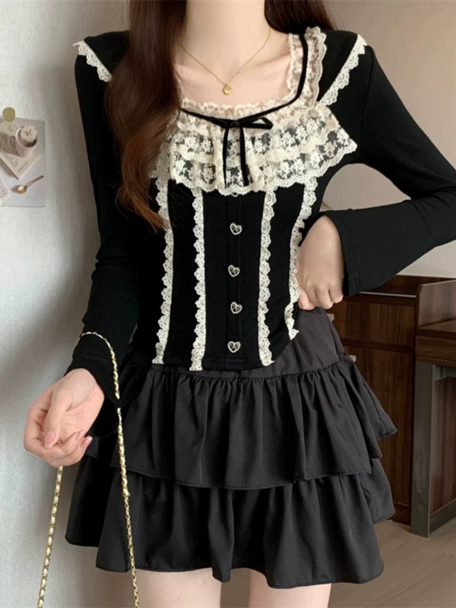 Plus size women's lace patchwork bow square neck T-shirt women's long-sleeved slim inner wear chic top