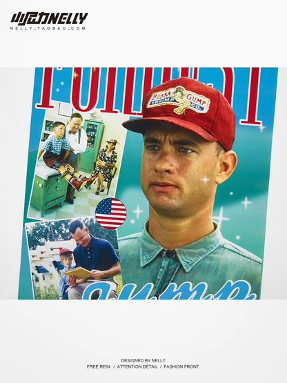 Heavy American retro poster pattern pure cotton short-sleeved T-shirt men and women loose summer ins casual half-sleeve five-point sleeves