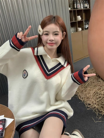 College style fake two-piece v-neck pullover sweater niche long-sleeved loose knitted sweater top for women autumn and winter 2023 new style