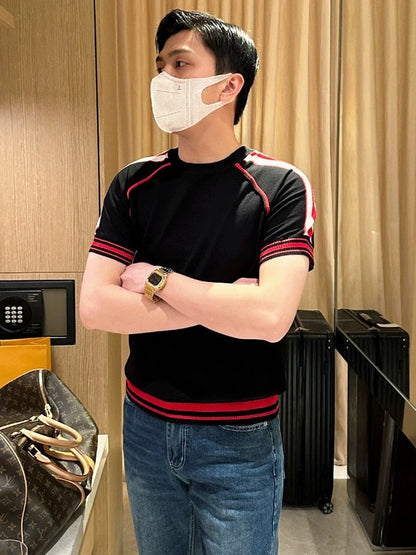 Yomobrother summer fashion t-shirt men's 2024 new casual personality contrast color knitted short-sleeved men