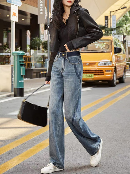 Niche design high-waisted straight-leg jeans for women with wide-leg curves and slimming 2023 autumn new contrasting color floor-length pants (P136)