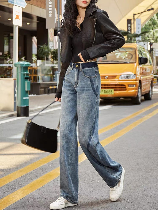 Niche design high-waisted straight-leg jeans for women with wide-leg curves and slimming 2023 autumn new contrasting color floor-length pants (P136)
