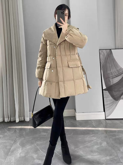 Khaki design fashionable down jacket for women winter 2023 new waist slimming mid-length white duck down jacket